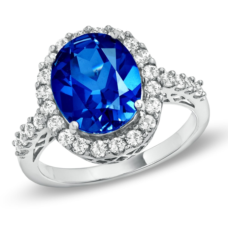 Oval Lab-Created Ceylon and White Blue Sapphire Frame Ring in 14K White Gold