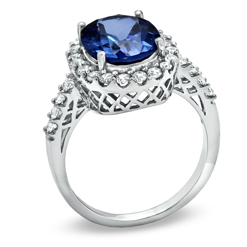 Oval Lab-Created Ceylon and White Blue Sapphire Frame Ring in 14K White Gold