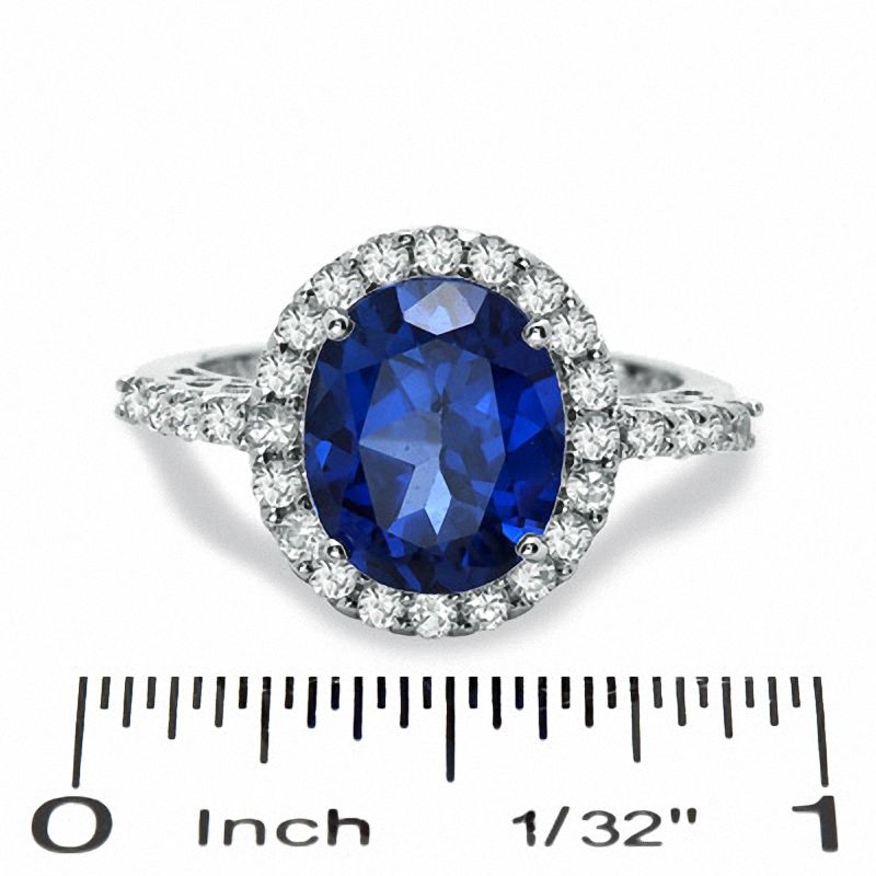 Oval Lab-Created Ceylon and White Blue Sapphire Frame Ring in 14K White Gold