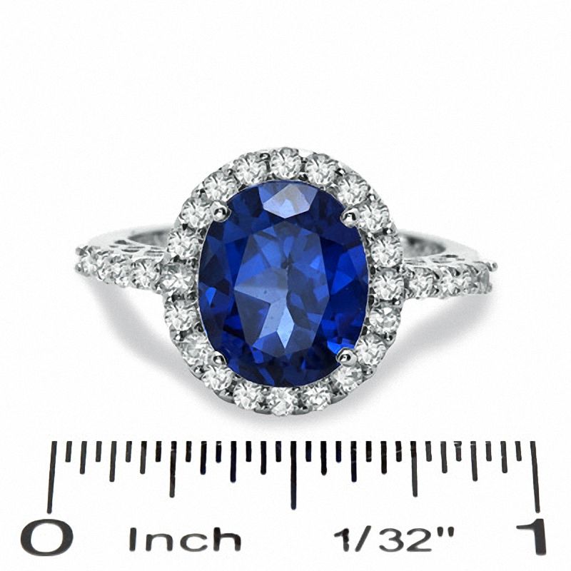 Main Image 3 of Oval Lab-Created Ceylon and White Blue Sapphire Frame Ring in 14K White Gold