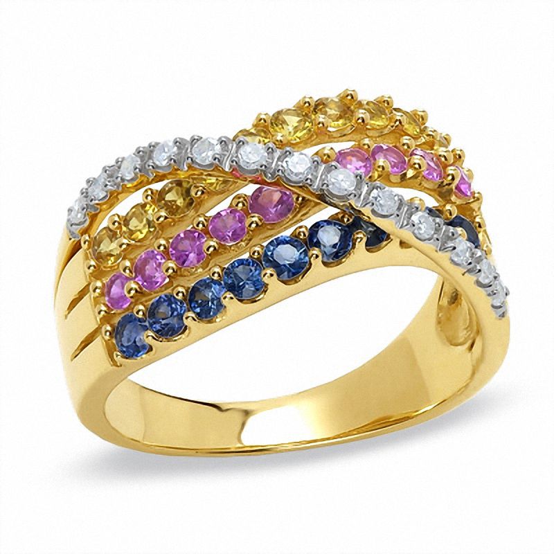 Multi Sapphire Swirl Band in 14K Gold with Diamond Accents