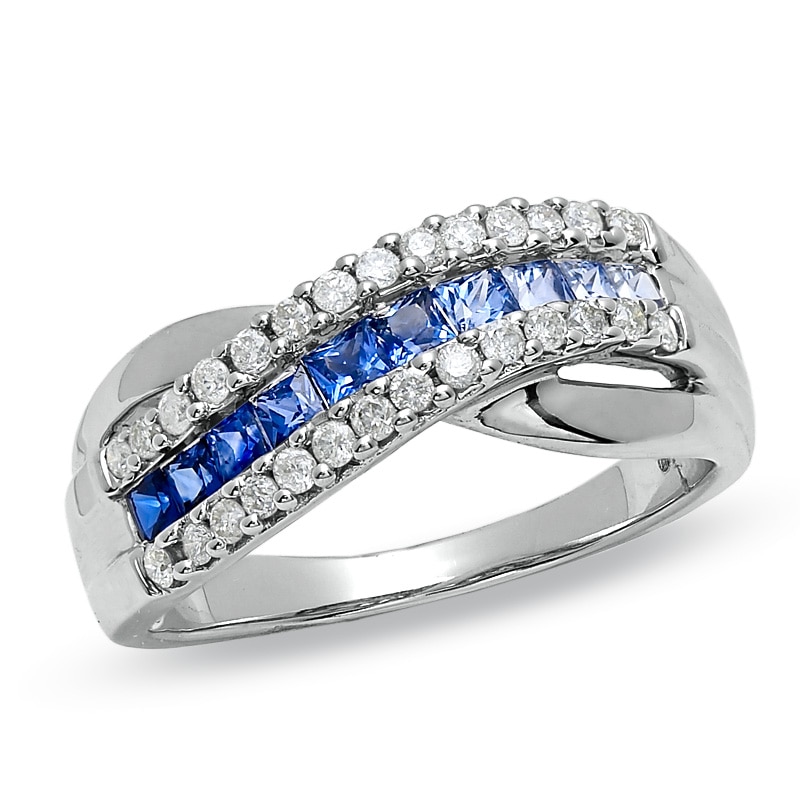 Graduated Baguette Sapphire and Diamond Ring in 14K White Gold