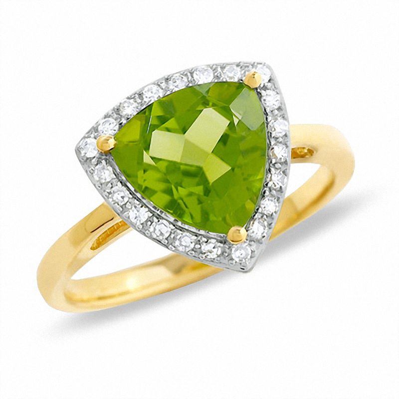Trillion Cut Peridot Ring in 14K Gold with Diamond Accents