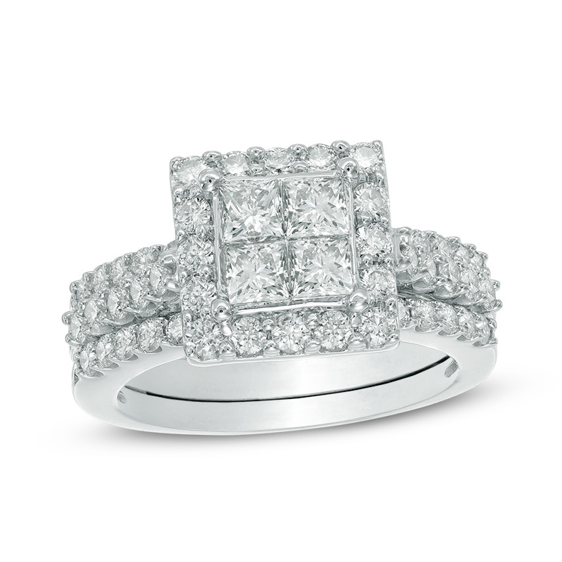 Main Image 1 of 2 CT. T.W. Quad Princess-Cut Diamond Framed Three Piece Bridal Set in 14K White Gold