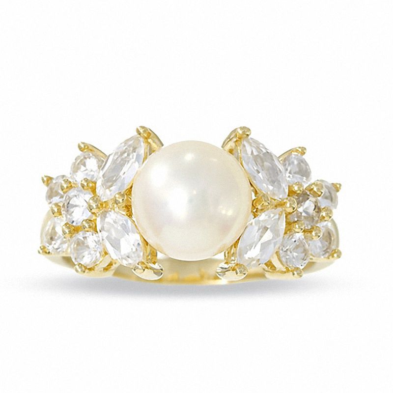 Main Image 1 of Cultured Pearl and Lab-Created White Topaz Ring in 10K Gold