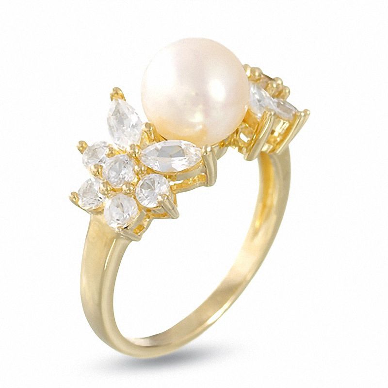 Main Image 2 of Cultured Pearl and Lab-Created White Topaz Ring in 10K Gold