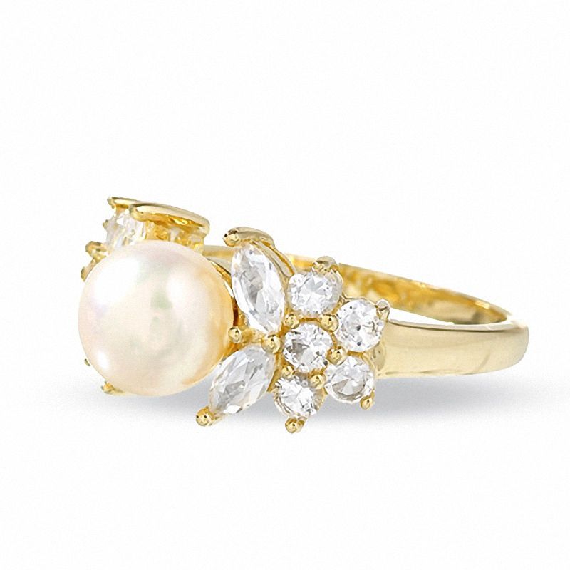 Cultured Pearl and Lab-Created White Topaz Ring in 10K Gold