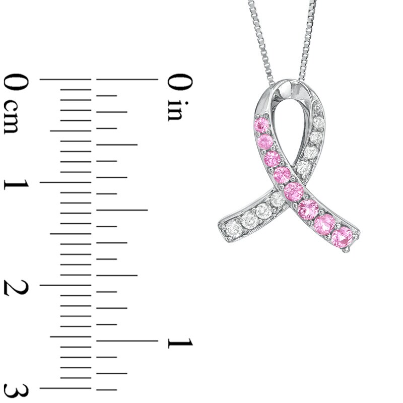 Main Image 2 of Pink Sapphire and Diamond Awareness Ribbon Pendant in 14K White Gold