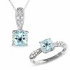 Thumbnail Image 1 of Cushion-Cut Aquamarine Pendant and Ring Set in 14K White Gold with Diamond Accents