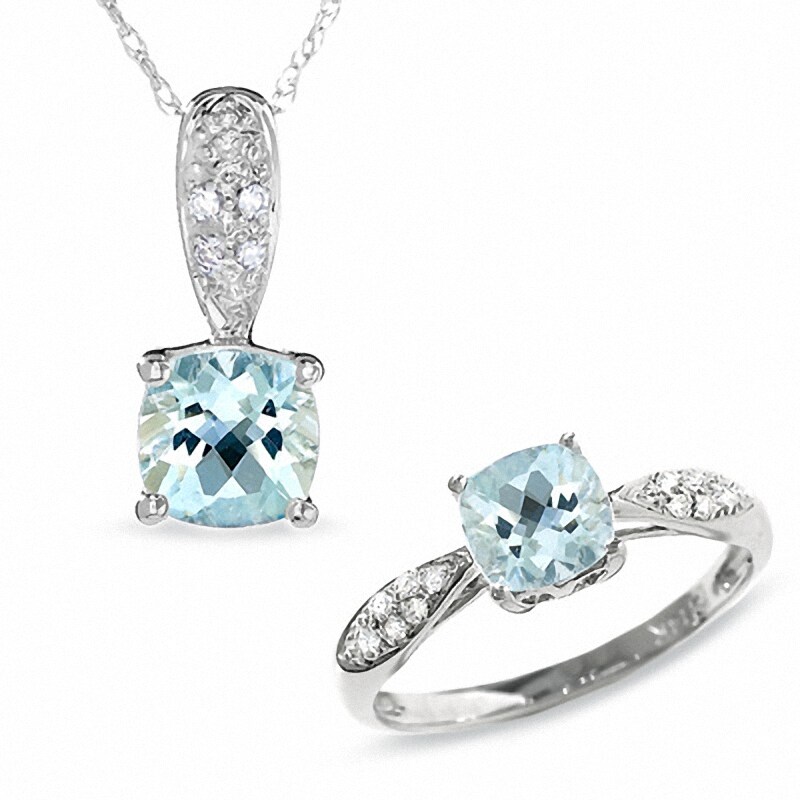 Main Image 1 of Cushion-Cut Aquamarine Pendant and Ring Set in 14K White Gold with Diamond Accents