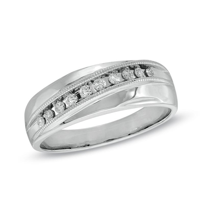 Men's 1/4 CT. T.W. Diamond Diagonal Row Milgrain Band in 14K White Gold