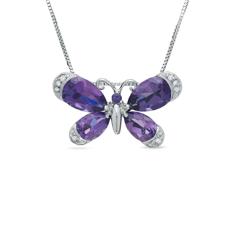 Main Image 1 of Amethyst Butterfly Pendant in 14K White Gold with Diamond Accents