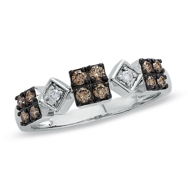 Main Image 1 of 1/3 CT. T.W. Champagne and White Diamond Block Ring in 14K White Gold