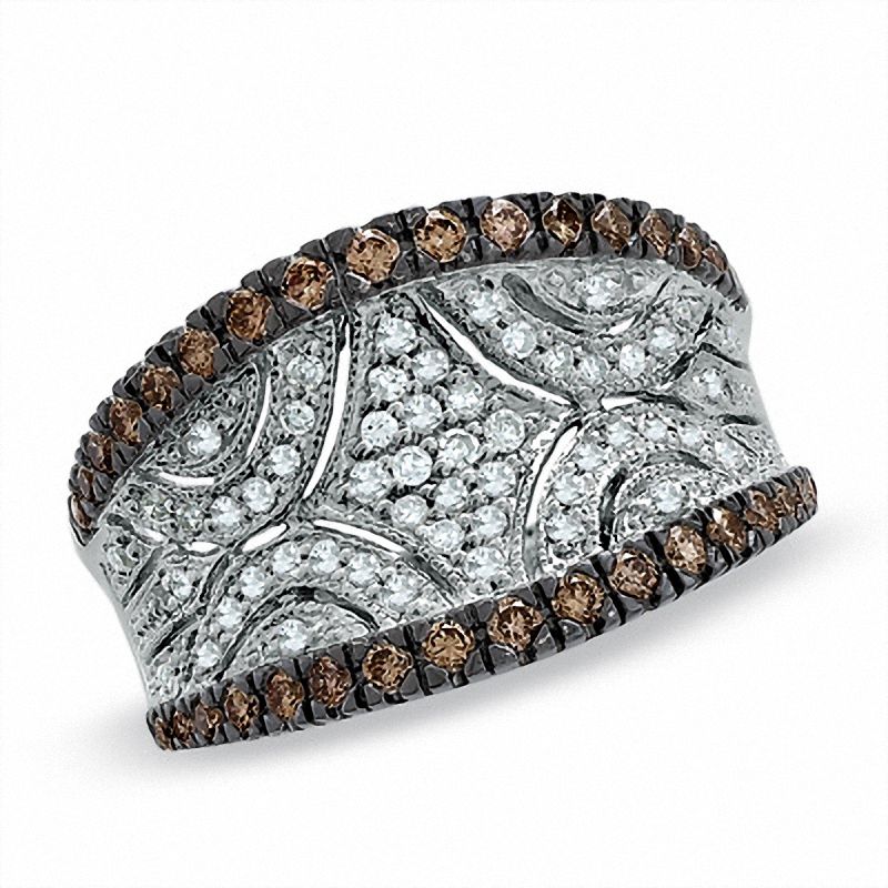 Main Image 1 of 3/4 CT. T.W. Champagne and White Diamond Concave Ring in 14K White Gold