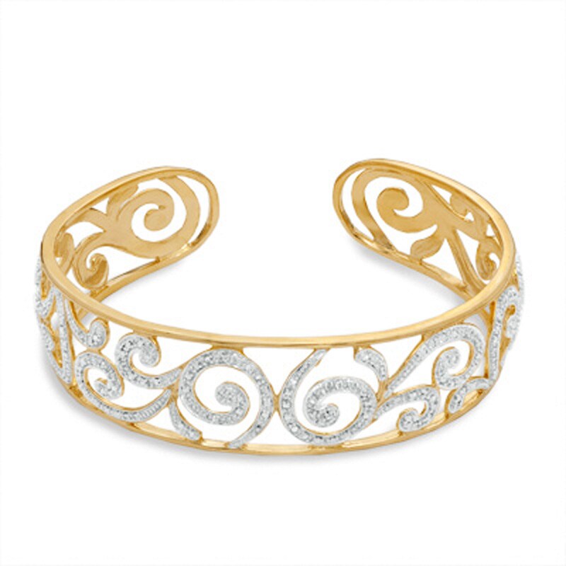 Diamond Accent Scroll Cuff Bracelet in Sterling Silver with 18K Gold