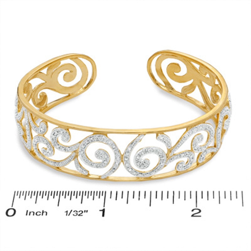 Diamond Accent Scroll Cuff Bracelet in Sterling Silver with 18K Gold Plate - 7.25"