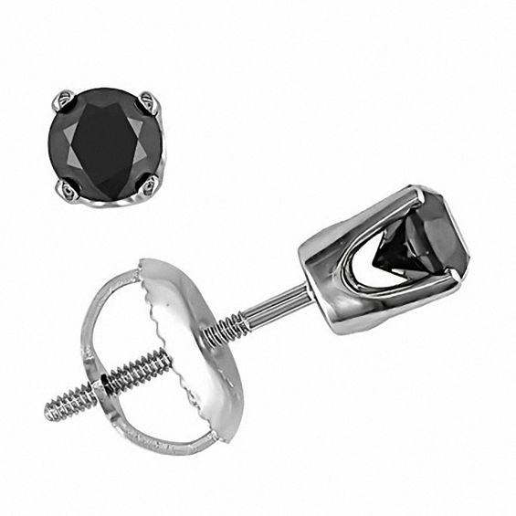 0.46-0.55 1/2 Cts of 4.89-4.93 mm Black Diamond Mens Stud Earring in 14K White Gold-Screw Backs 