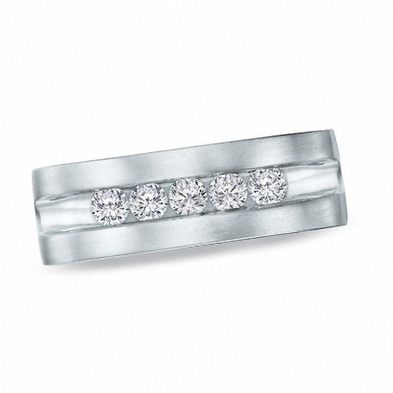Main Image 1 of Men's 1 CT. T.W. Diamond Five Stone Brushed Band in 14K White Gold