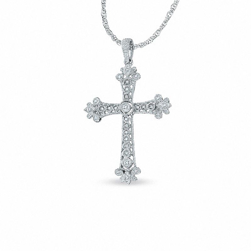 1/10 CT. T.W. Diamond Milgrain Cross Pendant in Sterling Silver