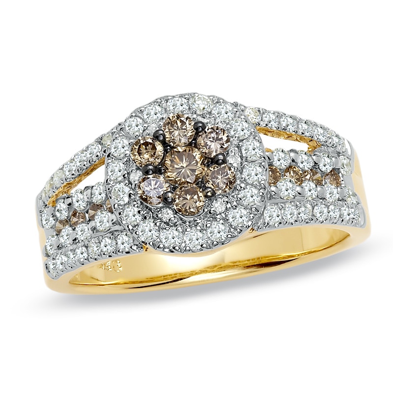 1 CT. T.W. Champagne and White Diamond Flower Ring in 14K Gold