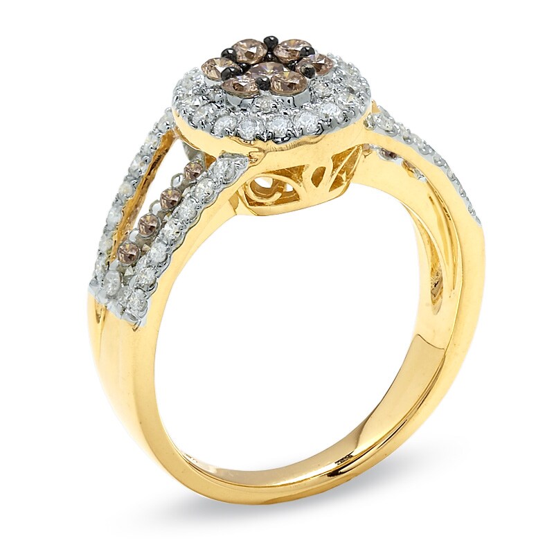 1 CT. T.W. Champagne and White Diamond Flower Ring in 14K Gold