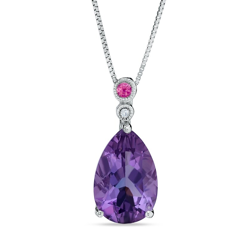 Main Image 1 of Pear-Shaped Amethyst and Pink Tourmaline Pendant in 14K White Gold with Diamond Accent