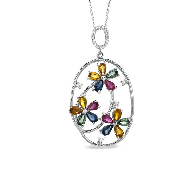 Multi-Color Sapphire and 1/8 CT. T.W. Diamond Flower Circle Pendant in 14K White Gold