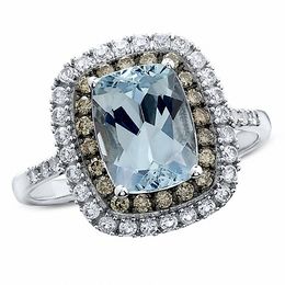 Cushion-Cut Aquamarine and Lab-Created White Sapphire Ring with Enhanced Champagne Diamonds in 14K White Gold