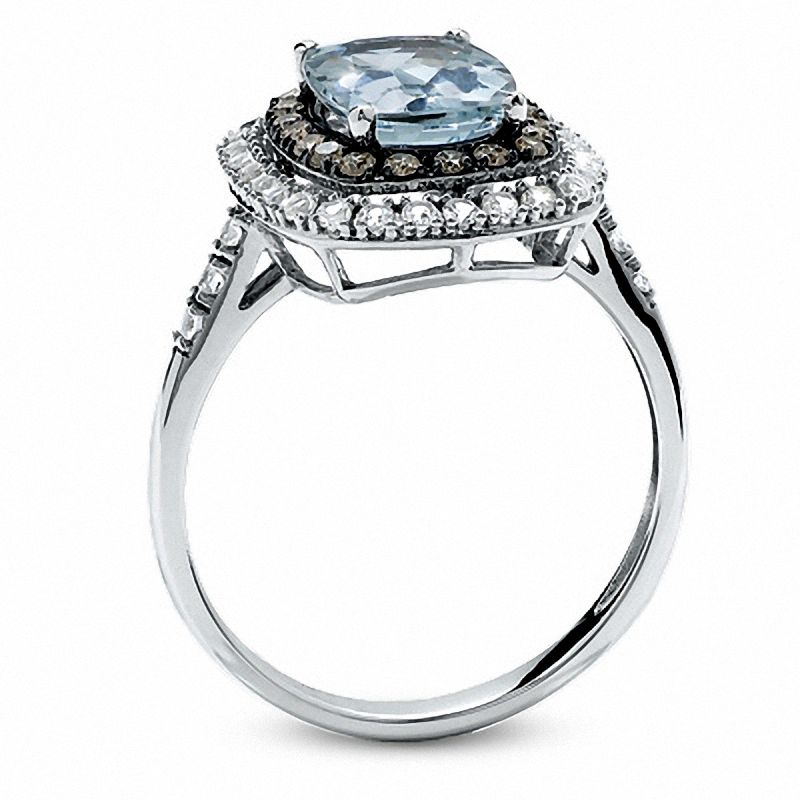 Cushion-Cut Aquamarine and Lab-Created White Sapphire Ring with Enhanced Champagne Diamonds in 14K White Gold