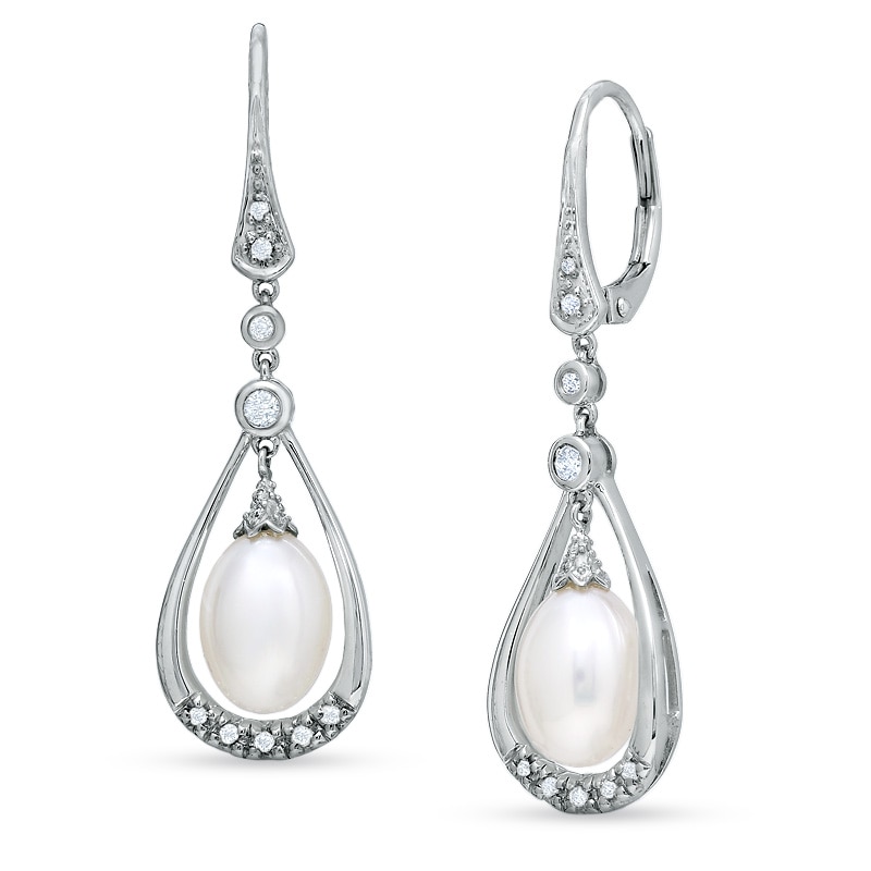 Main Image 1 of Vintage Oval Akoya Cultured Pearl Drop Earrings in 14K White Gold with White Topaz and Diamond Accents