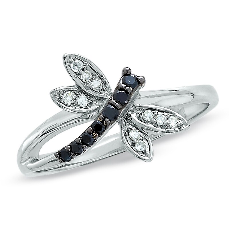 Main Image 1 of Enhanced Black and White Diamond Dragonfly Ring in 14K White Gold