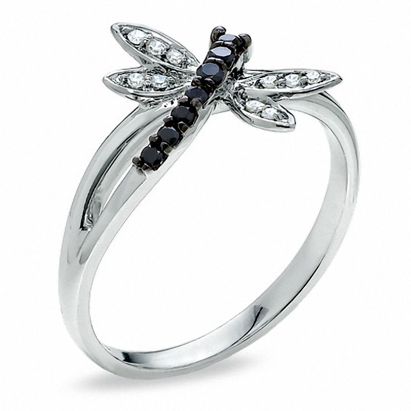 Enhanced Black and White Diamond Dragonfly Ring in 14K White Gold