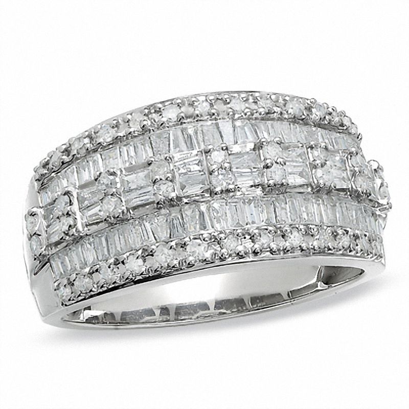 Main Image 1 of 1 CT. T.W. Baguette and Round Diamond Three Row Ring in 10K White Gold