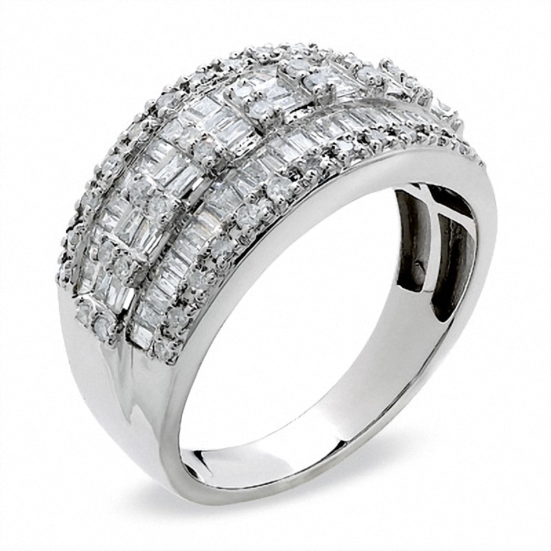 Main Image 2 of 1 CT. T.W. Baguette and Round Diamond Three Row Ring in 10K White Gold