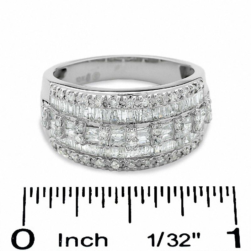 Main Image 3 of 1 CT. T.W. Baguette and Round Diamond Three Row Ring in 10K White Gold