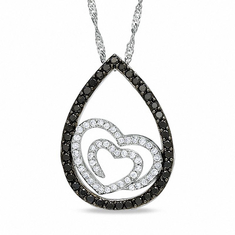 Main Image 1 of The Shared Heart® 1/2 CT. T.W. Enhanced Black and White Diamond Teardrop Pendant in 14K White Gold