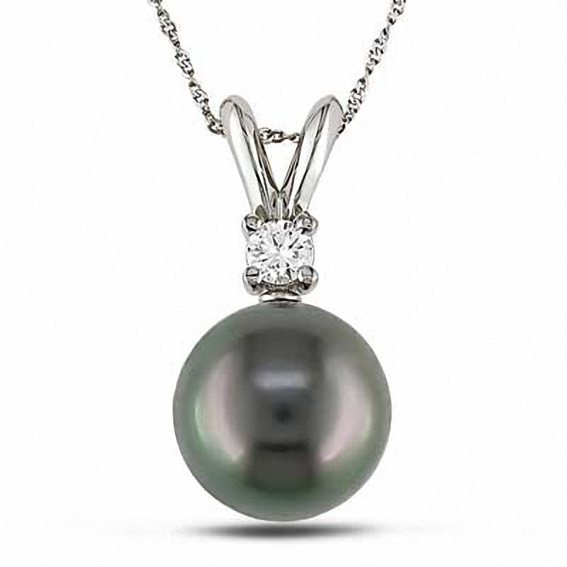 8.0 - 9.0mm Black Cultured Tahitian Pearl and Diamond Accent Pendant in 14K White Gold