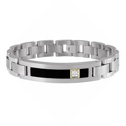Men's Onyx and Diamond ID Bracelet in Titanium and 14K Gold - 8.5&quot;