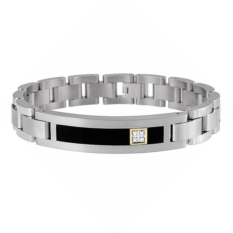 Main Image 1 of Onyx and Diamond ID Bracelet in Titanium and 14K Gold - 8.5"