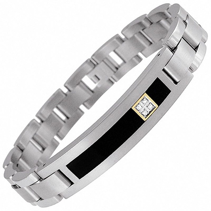 Main Image 2 of Onyx and Diamond ID Bracelet in Titanium and 14K Gold - 8.5"