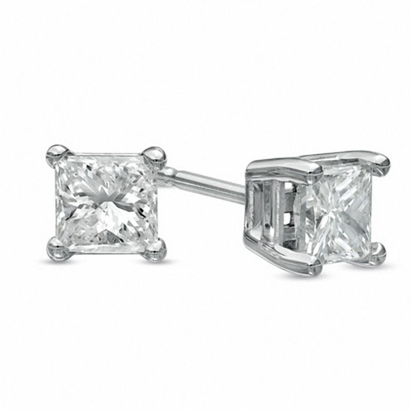 Main Image 1 of 3/4 CT. T.W. Princess-Cut Diamond Solitaire Stud Earrings in 14K White Gold (J/I3)