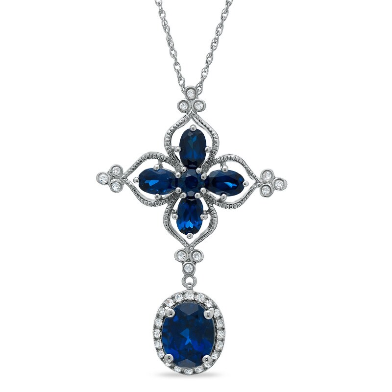 Main Image 1 of Lab-Created Sapphire Cross Dangle Pendant in Sterling Silver