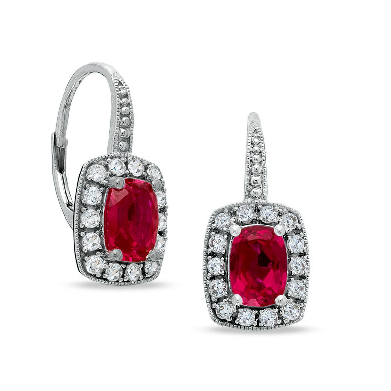 Cushion-Cut Lab-Created Ruby and White Sapphire Frame Earrings in 14K White Gold
