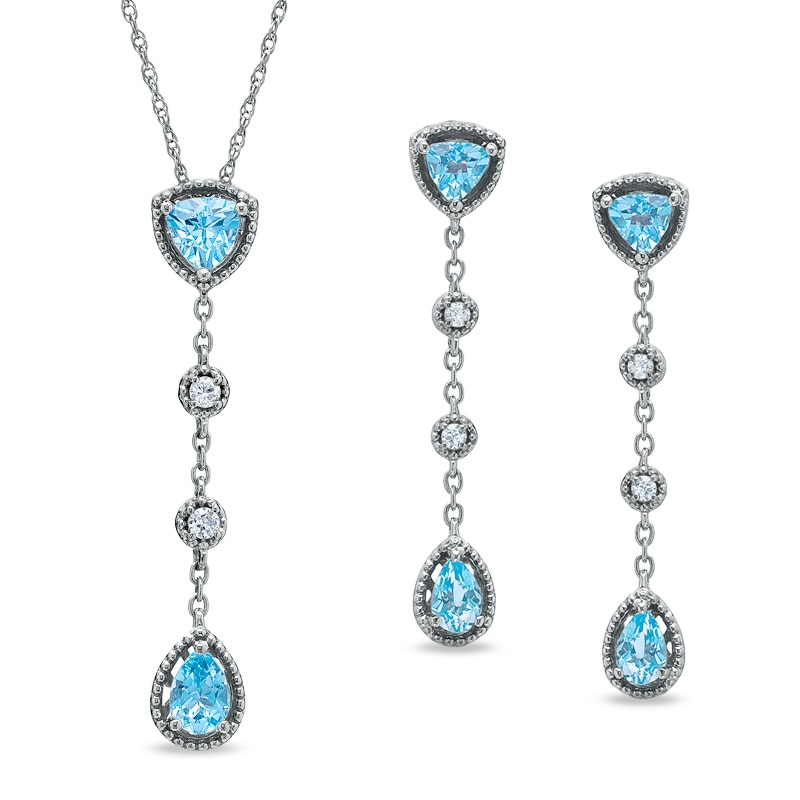 Main Image 1 of Blue Topaz and Lab-Created White Sapphire Stick Pendant and Earrings Set in Sterling Silver