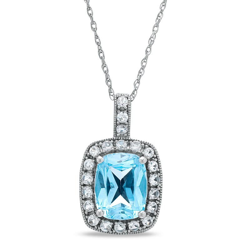 Cushion-Cut Blue Topaz and Lab-Created White Sapphire Pendant in 14K White Gold