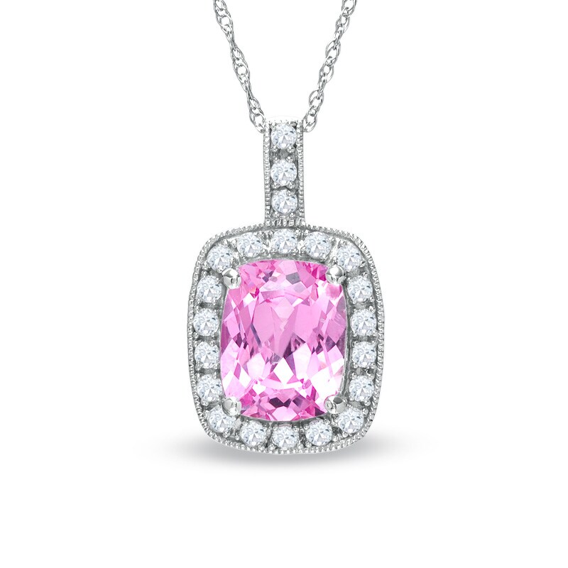 Main Image 1 of Cushion-Cut Lab-Created Pink and White Sapphire Pendant in 14K White Gold