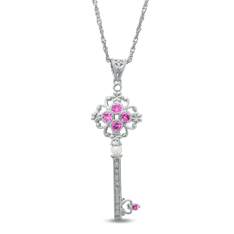 Lab-Created Pink Sapphire, Diamond and Cultured Freshwater Pearl Key Pendant in Sterling Silver