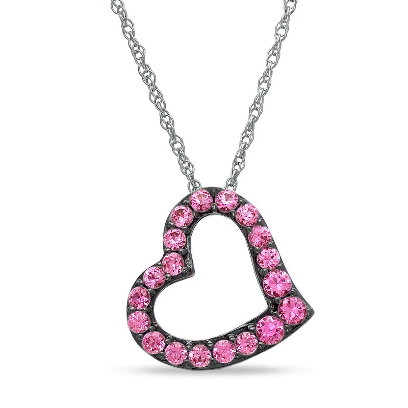 Main Image 1 of Lab-Created Pink Sapphire Tilted Heart Pendant in Sterling Silver