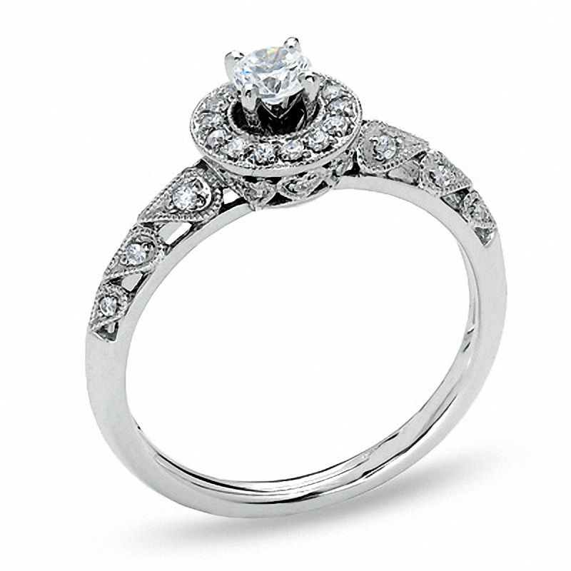 3/8 CT. T.W. Diamond Frame Milgrain Ring in 14K White Gold