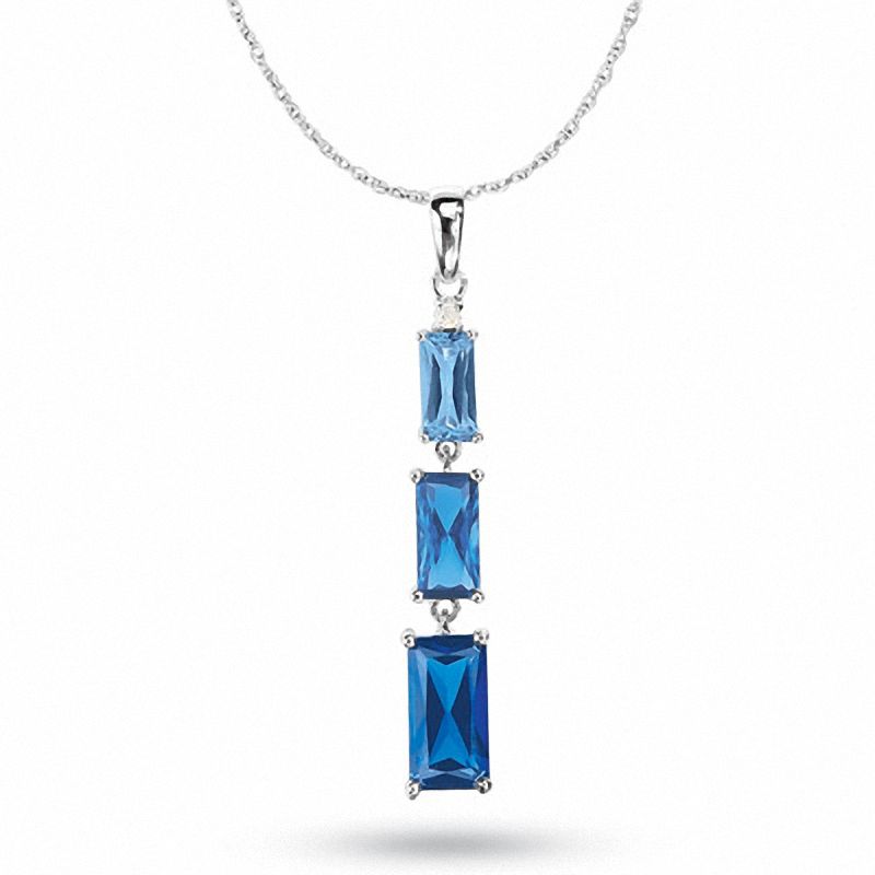 Main Image 1 of Radiant-Cut Lab-Created Blue Sapphire Drop Pendant in 10K White Gold with Diamond Accent